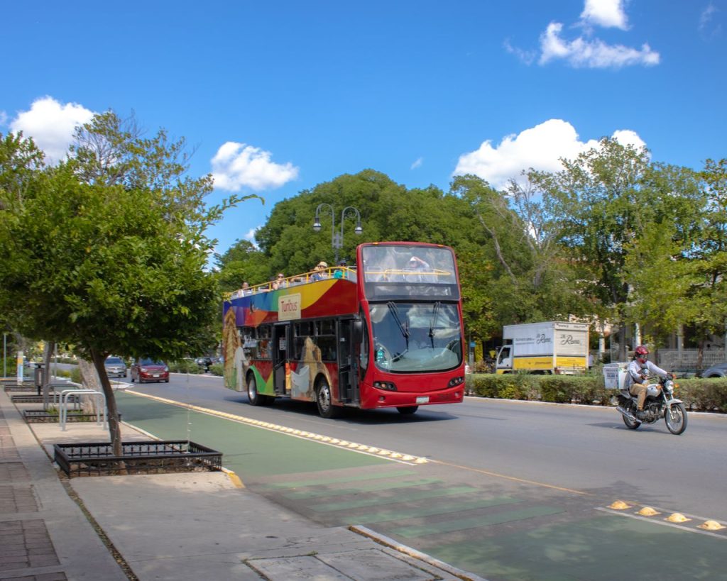 A vibrant tour bus travels through a sunny city street, capturing urban life.